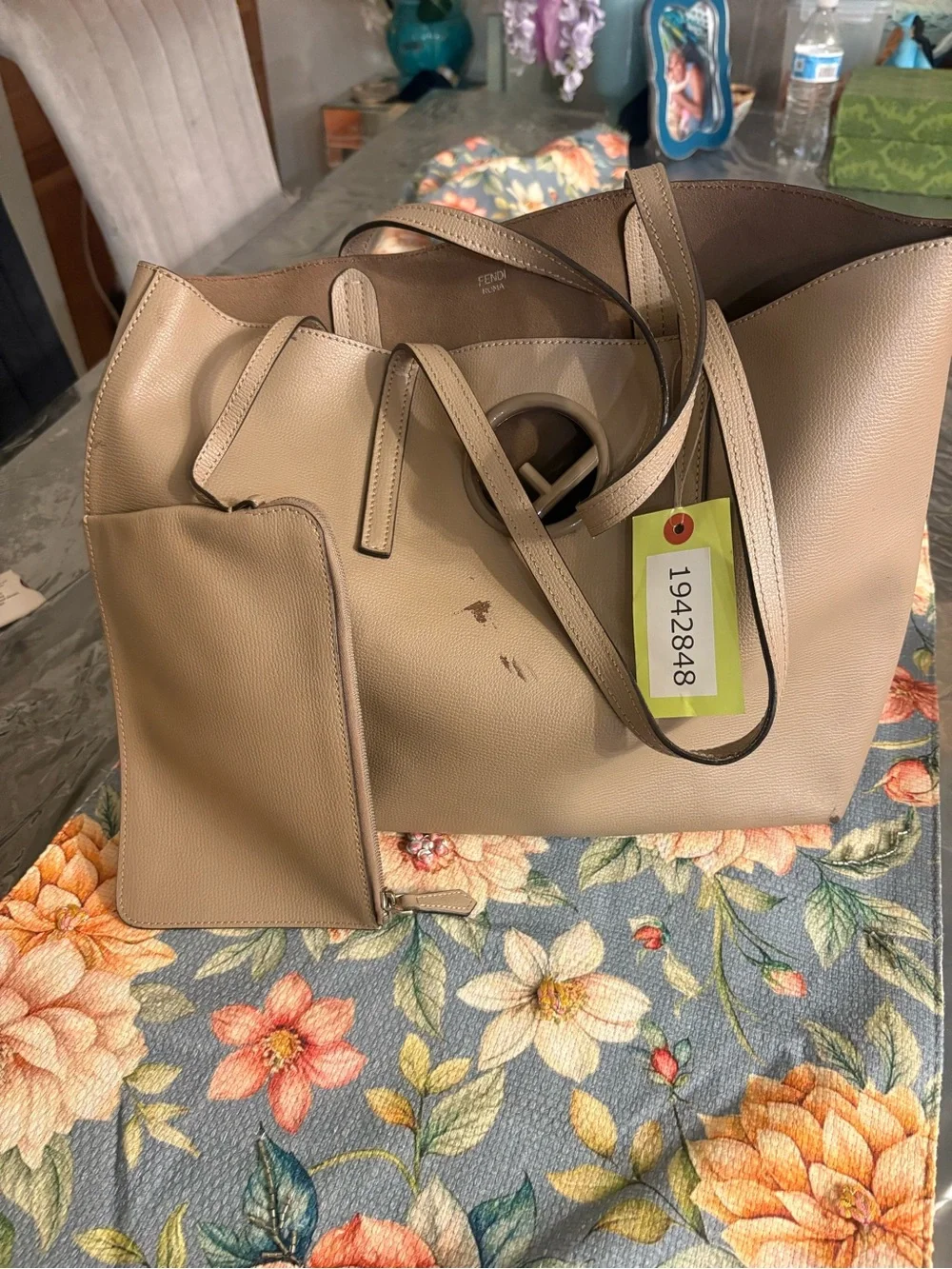 Fendi Taupe Leather Tote with Signature Round Logo